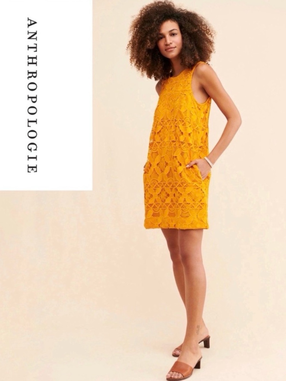 Anthropologie Mustard Crochet Shift Mini Dress